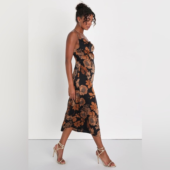 LULU’S FAVORITE ICON FLORAL SATIN COWL NECK SLIP MIDI DRESS - Picture 3 of 13